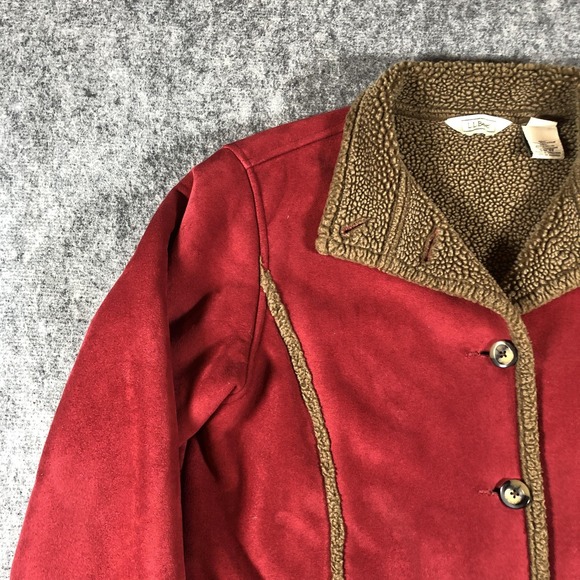 L.L.Bean Jacket Womens Petite Medium Red Faux Suede Sherpa‎ Lined Warm Coat - Picture 3 of 16